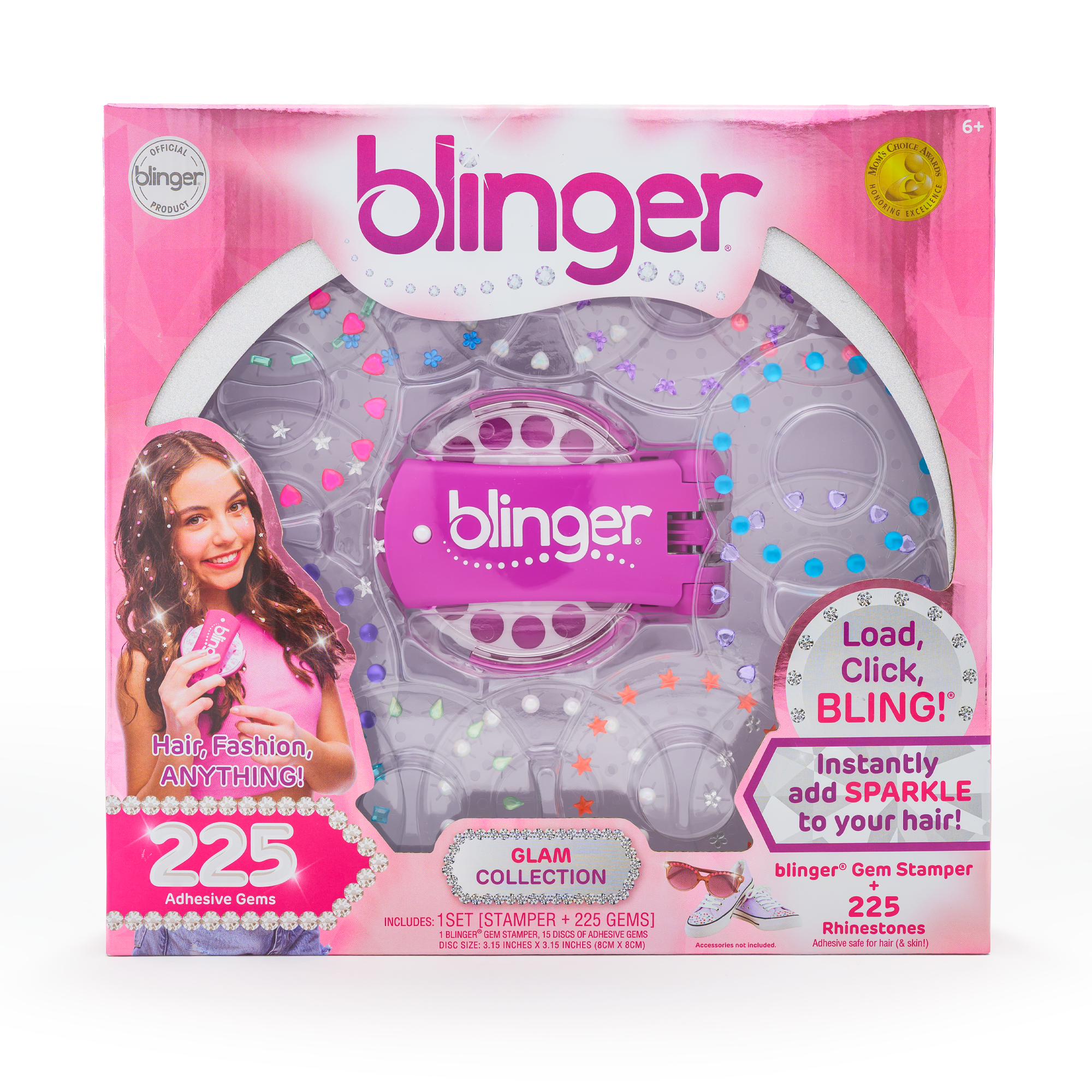 blinger® Glam Collection Starter Kit with blinger® Gem Stamper + 225 Colorful Hair-Safe Rhinestones