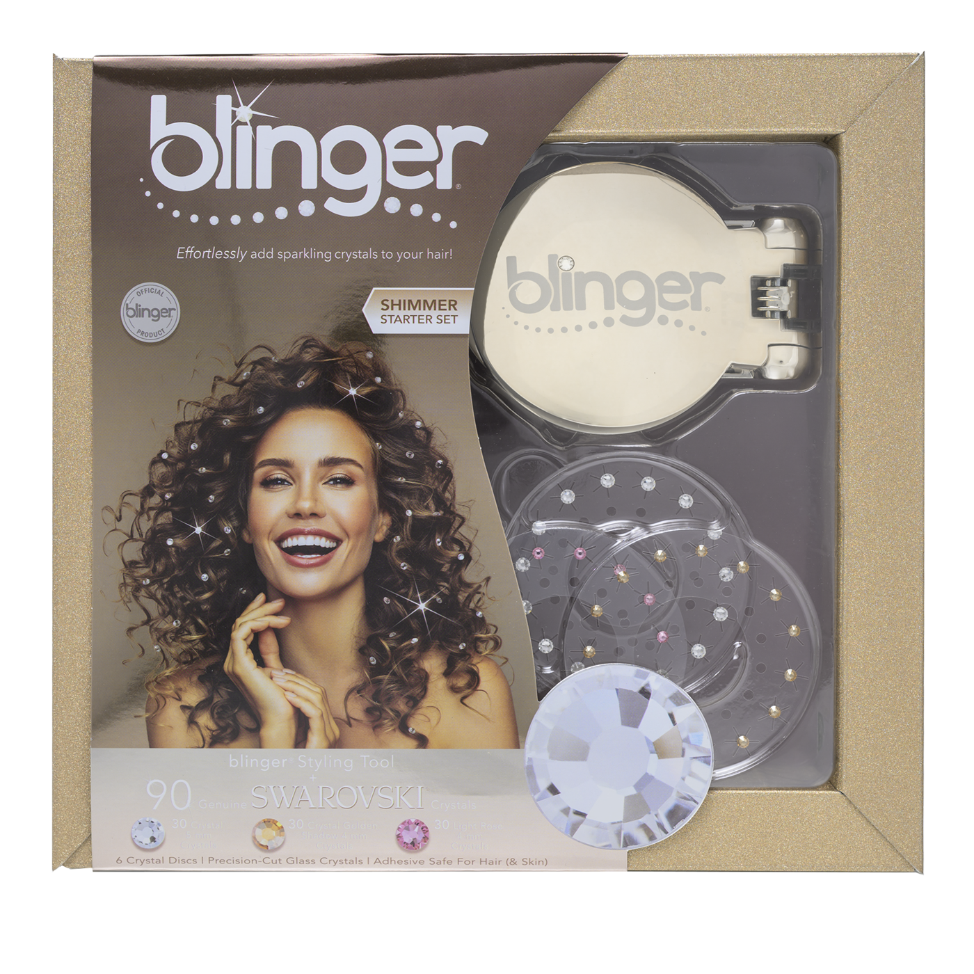 blinger® Shimmer Starter Kit with Gold-Plated blinger® Styling Tool + 90 Precision-Cut Swarovski® Glass Crystals