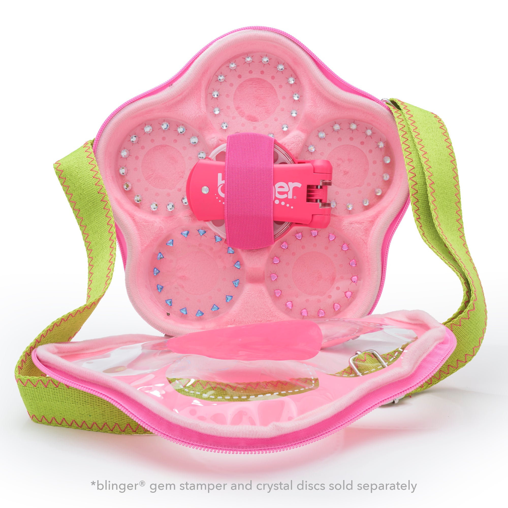 blinger® Flower Carry Case with Pink and Green Gems (75 Gems) - the perfect way to organize your blinger® Gem Stamper and gems
