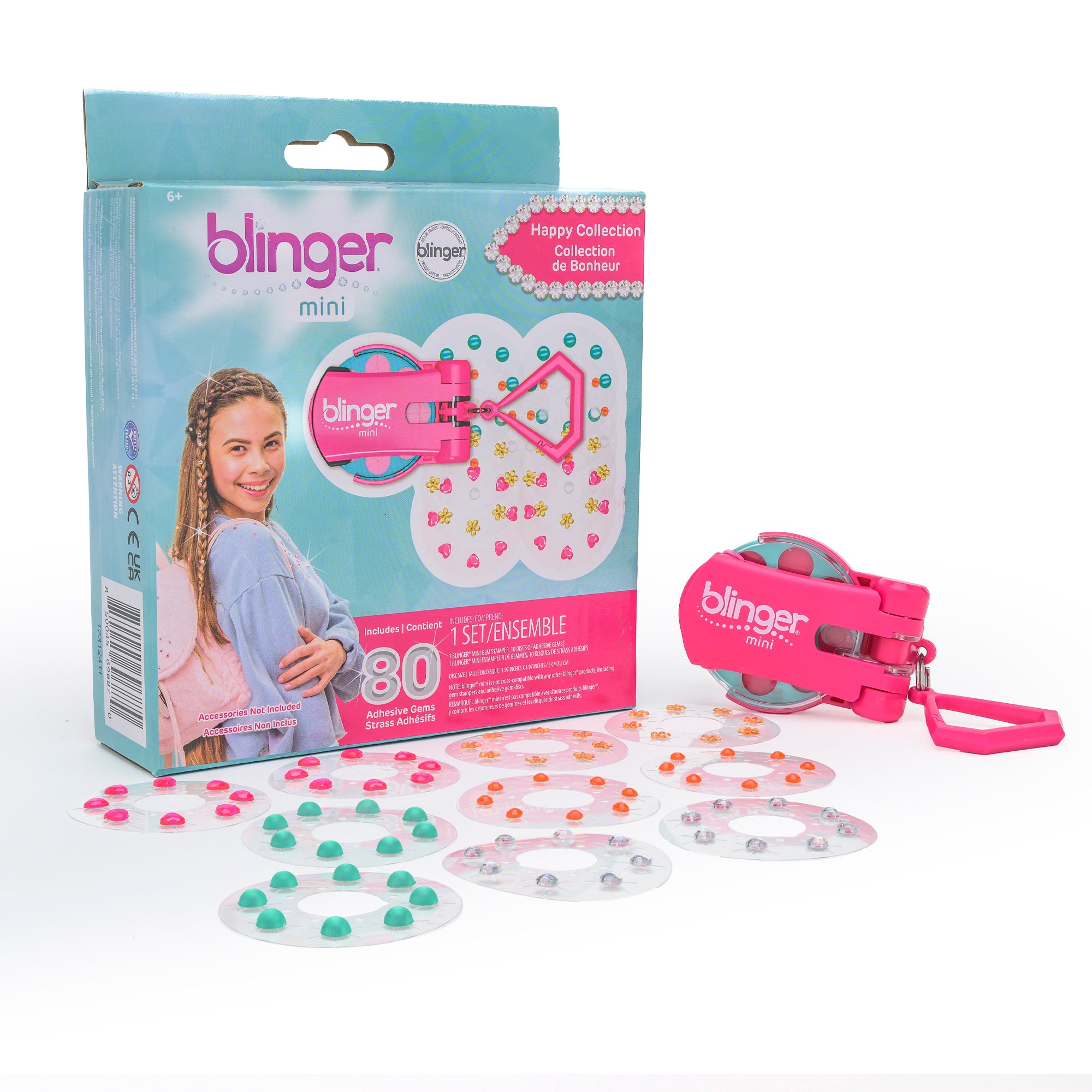 blinger® mini (On The Go) Starter Kit with blinger® mini Gem Stamper + 80 Colorful Hair-Safe Gems