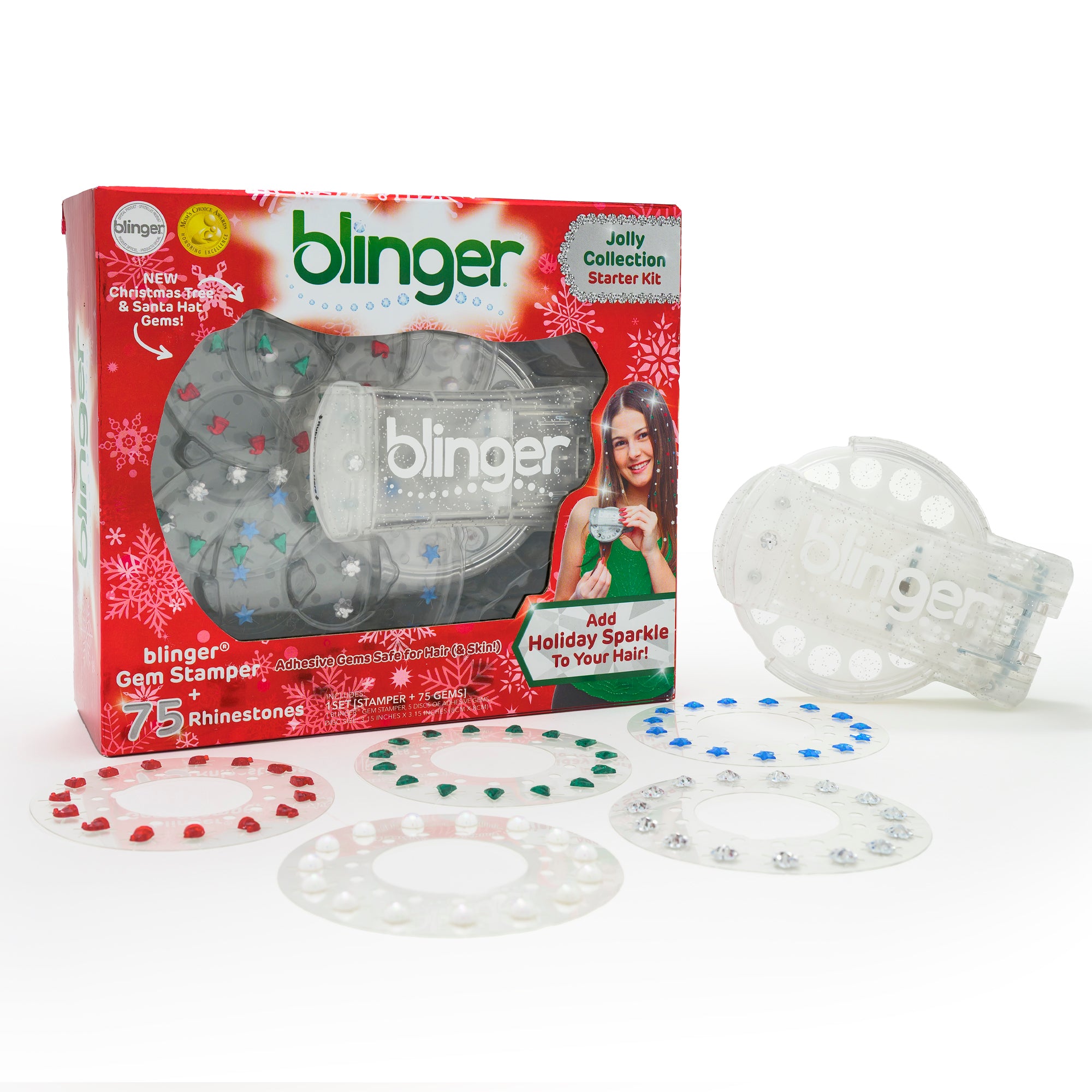 blinger® Jolly Collection Starter Kit with blinger® Gem Stamper + 75 Colorful Hair-Safe Gems