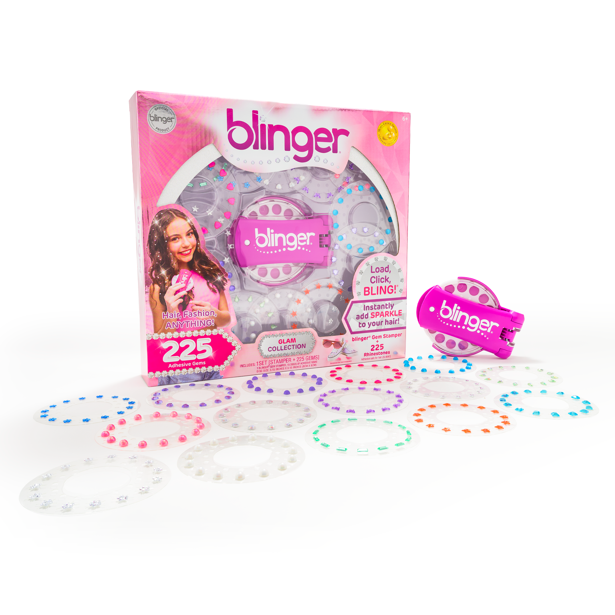 blinger® Glam Collection Starter Kit with blinger® Gem Stamper + 225 Colorful Hair-Safe Rhinestones