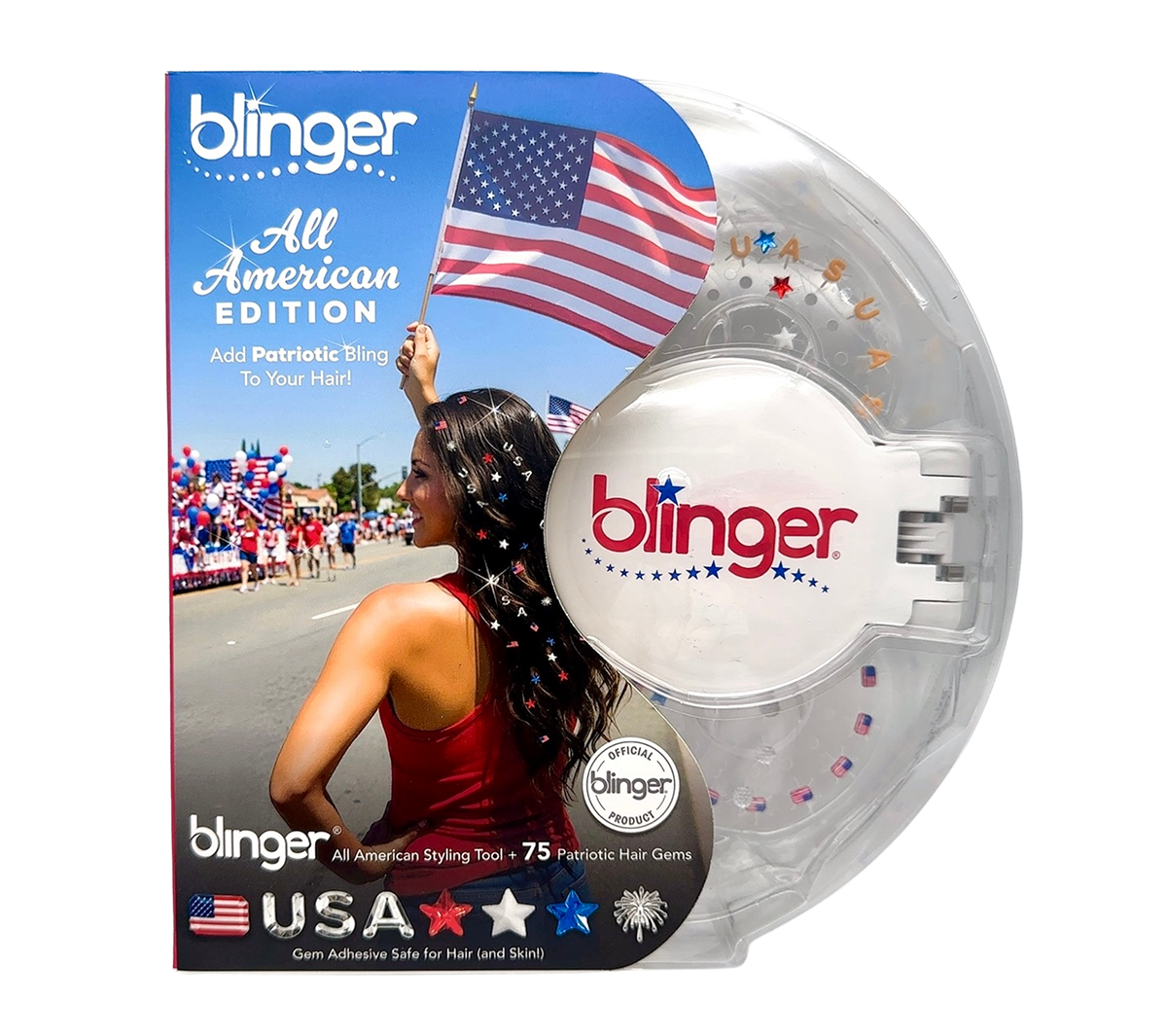 Blinger All American Edition hair gems in a clear circular tray with a white clasp, shown next to its retail packaging card featuring patriotic imagery and the Blinger brand name.