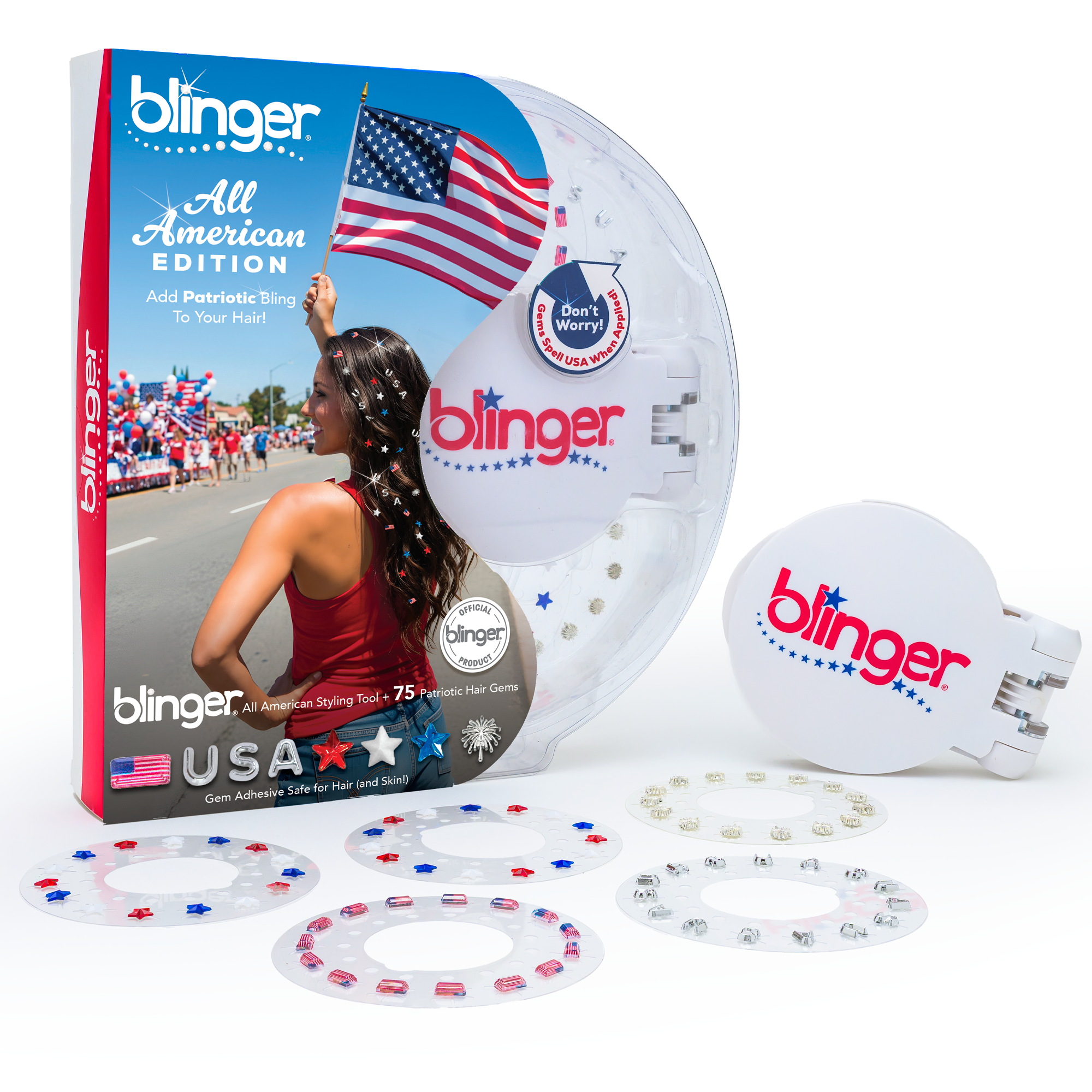 Limited Edition blinger® All-American 250th Anniversary Starter Set with Styling Tool +  75 Patriotic Hair Gems