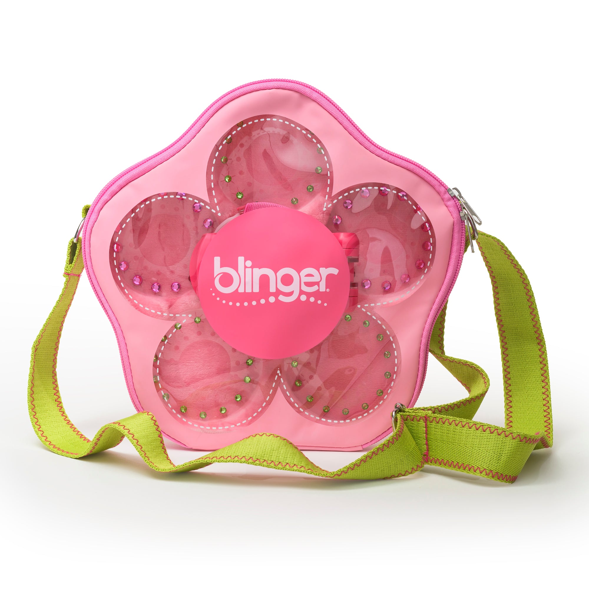 Exclusive Limited Edition blinger® Flower Carry Case Set – Pink Gem Stamper with 5 Gem Discs (2 Pink, 3 Green)