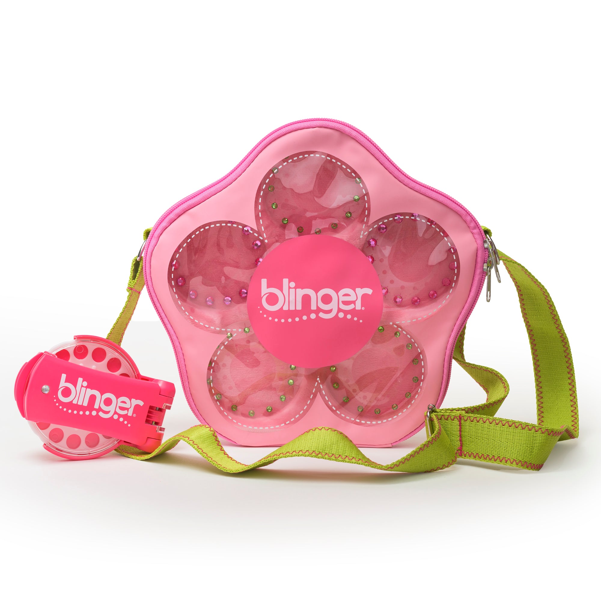 Exclusive Limited Edition blinger® Flower Carry Case Set – Pink Gem Stamper with 5 Gem Discs (2 Pink, 3 Green)