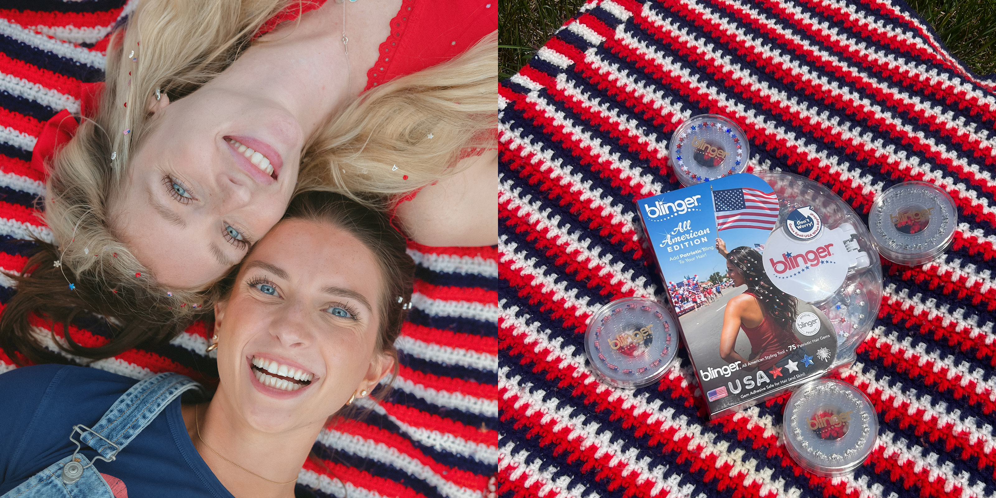 Two women wearing red, white, and blue hair gems smile on a striped picnic blanket beside a blinger patriotic hair gem kit and refill discs.