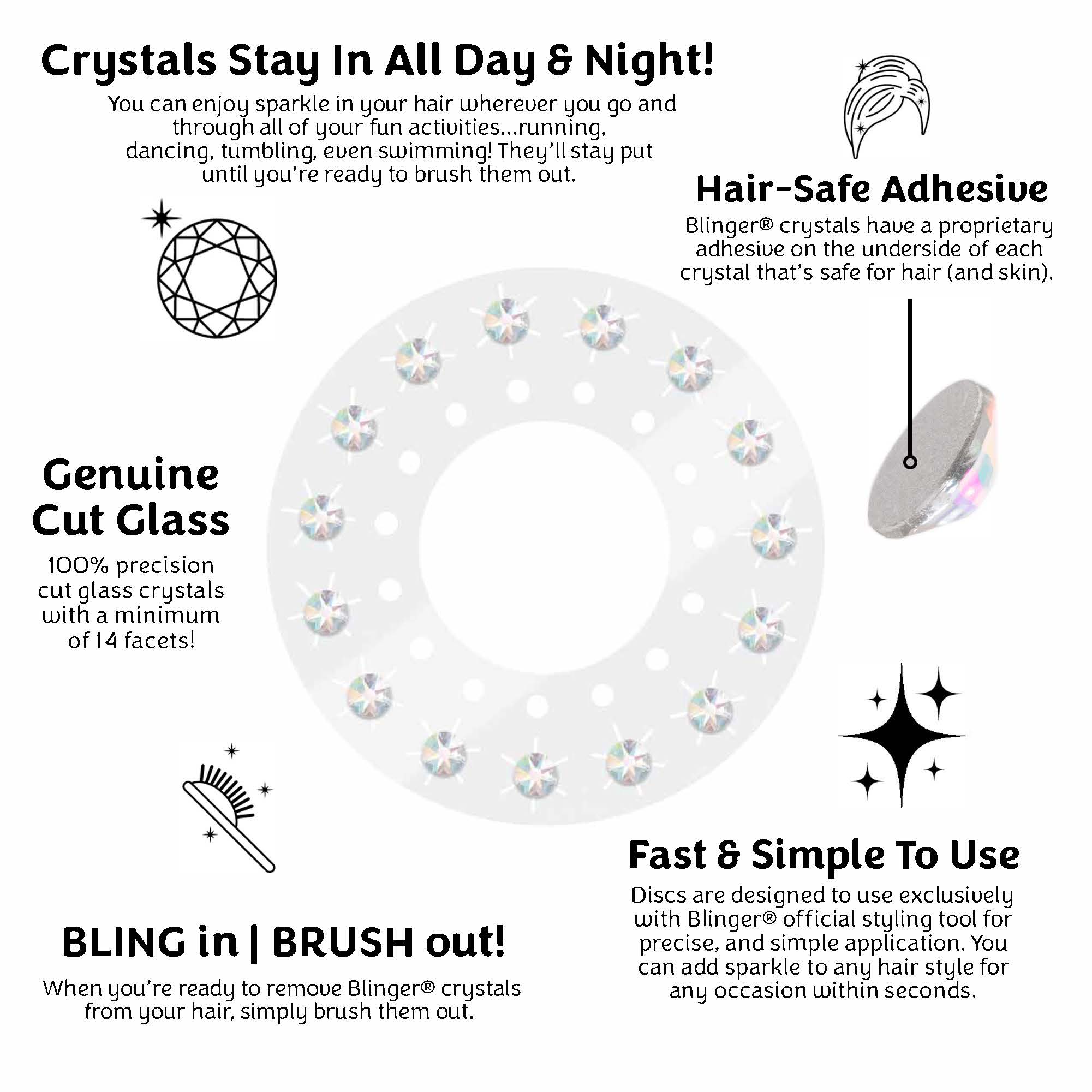 Blinger Glimmer Refill Pack | 5 Discs - 75 Precision-Cut Glass Crystals |  Bedazzling Hair Gems | Hair-Safe Adhesive - Bling In Brush Out | Works with