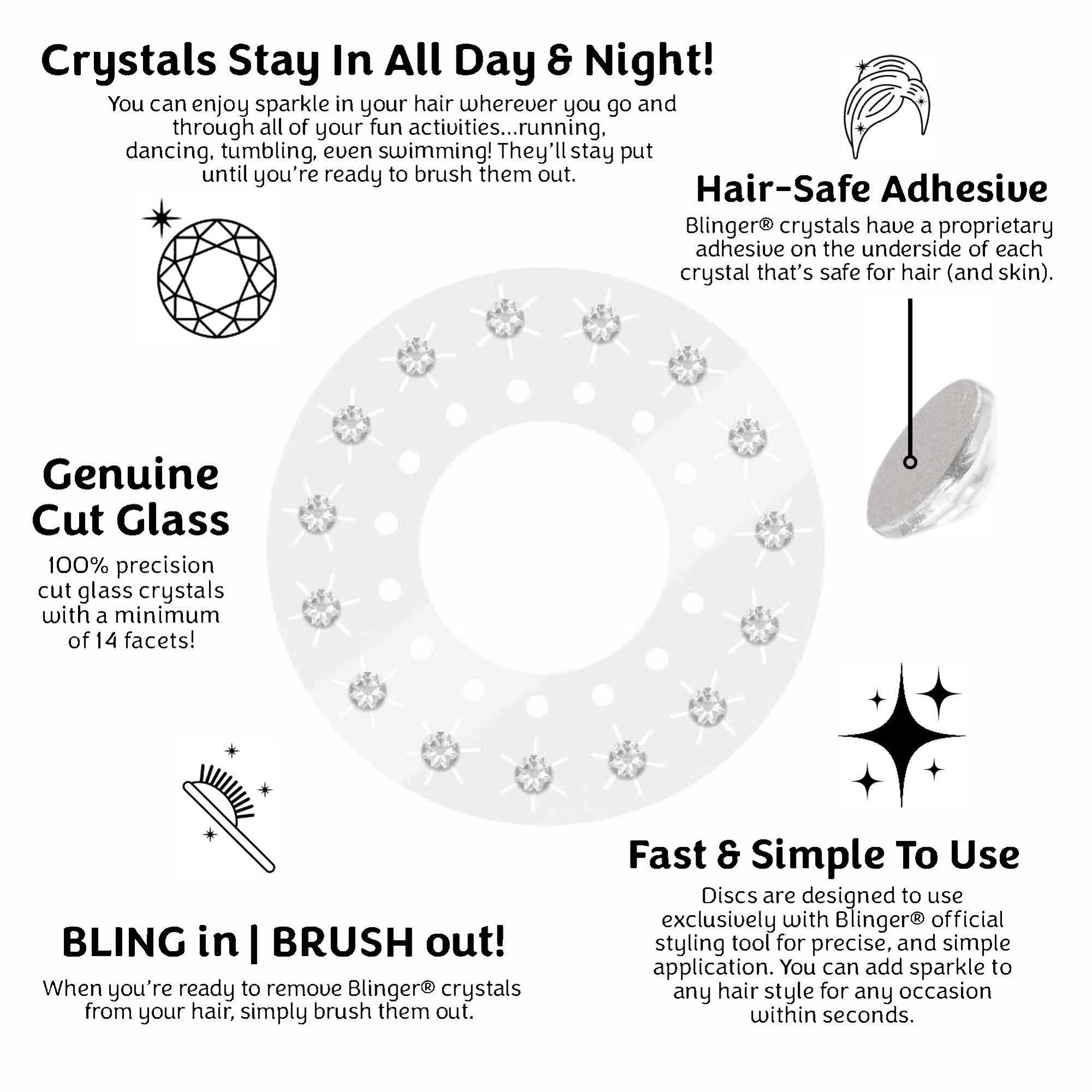 blinger Glimmer Refill Pack | 5 Discs - 75 Precision-Cut Glass Crystals |  Bedazzling Hair Gems | Hair-Safe Adhesive – Bling In Brush Out | Works with