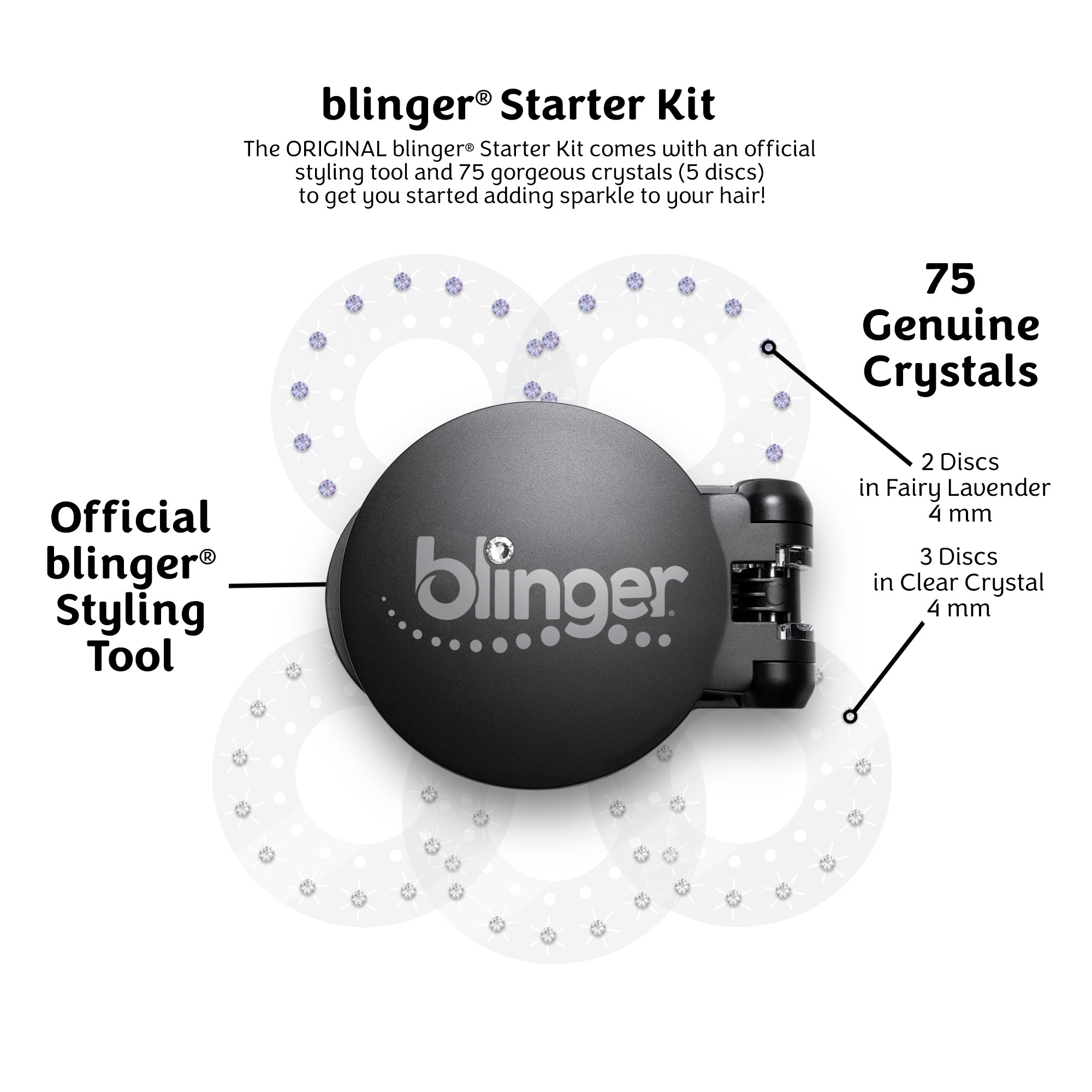 Blinger Glimmer Refill Pack | 5 Discs - 75 precision-cut Crystals | Bedazzling Multi-Faceted Gems | Hair-Safe Adhesive – Bling in Brush Out | Works